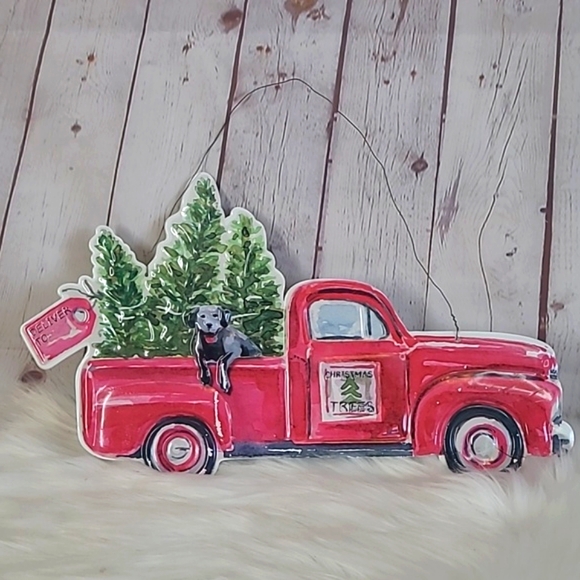 Hanging Metal Christmas Xmas Red Truck Black Lab Labrador Dog Pines Hanging Sign - Picture 10 of 15